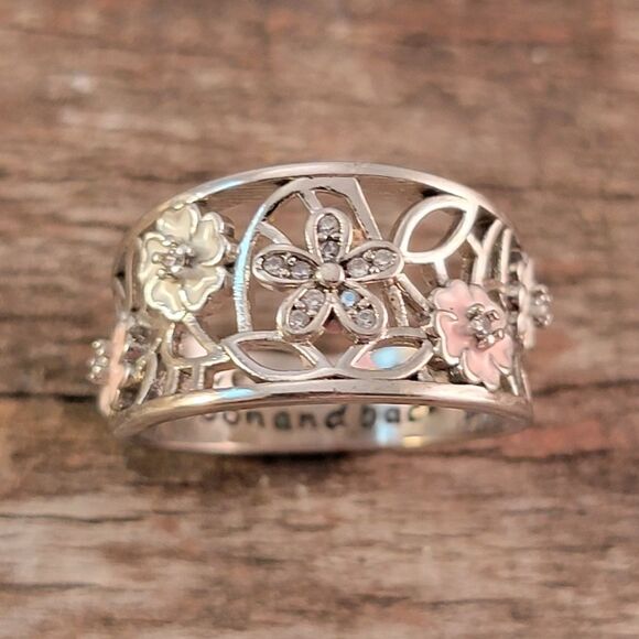 Sterling Openwork CZ Enamel Flowers Ring - Picture 1 of 8